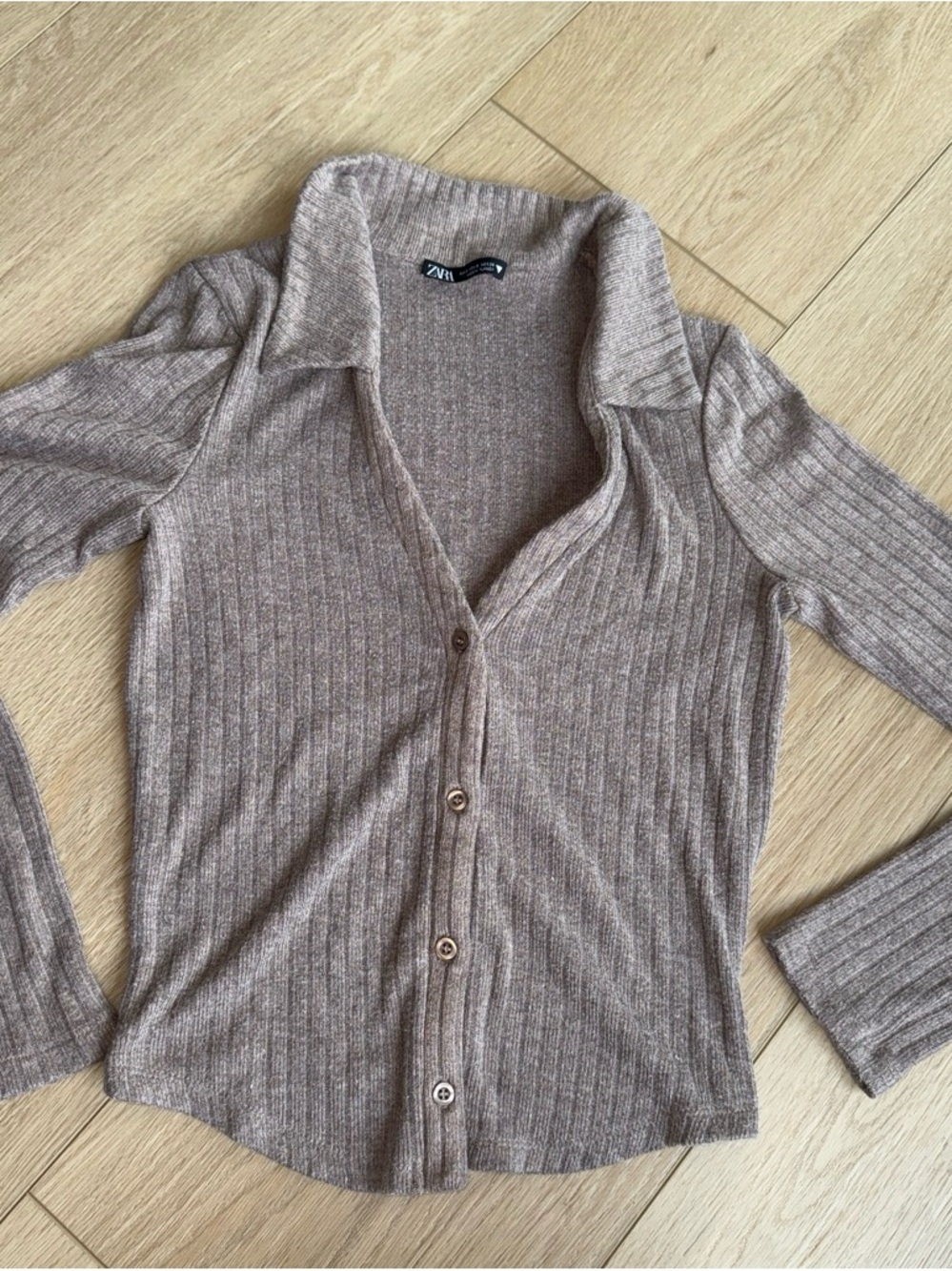 Zara Ribbed Button-Up Collared Sweater in Light Brown